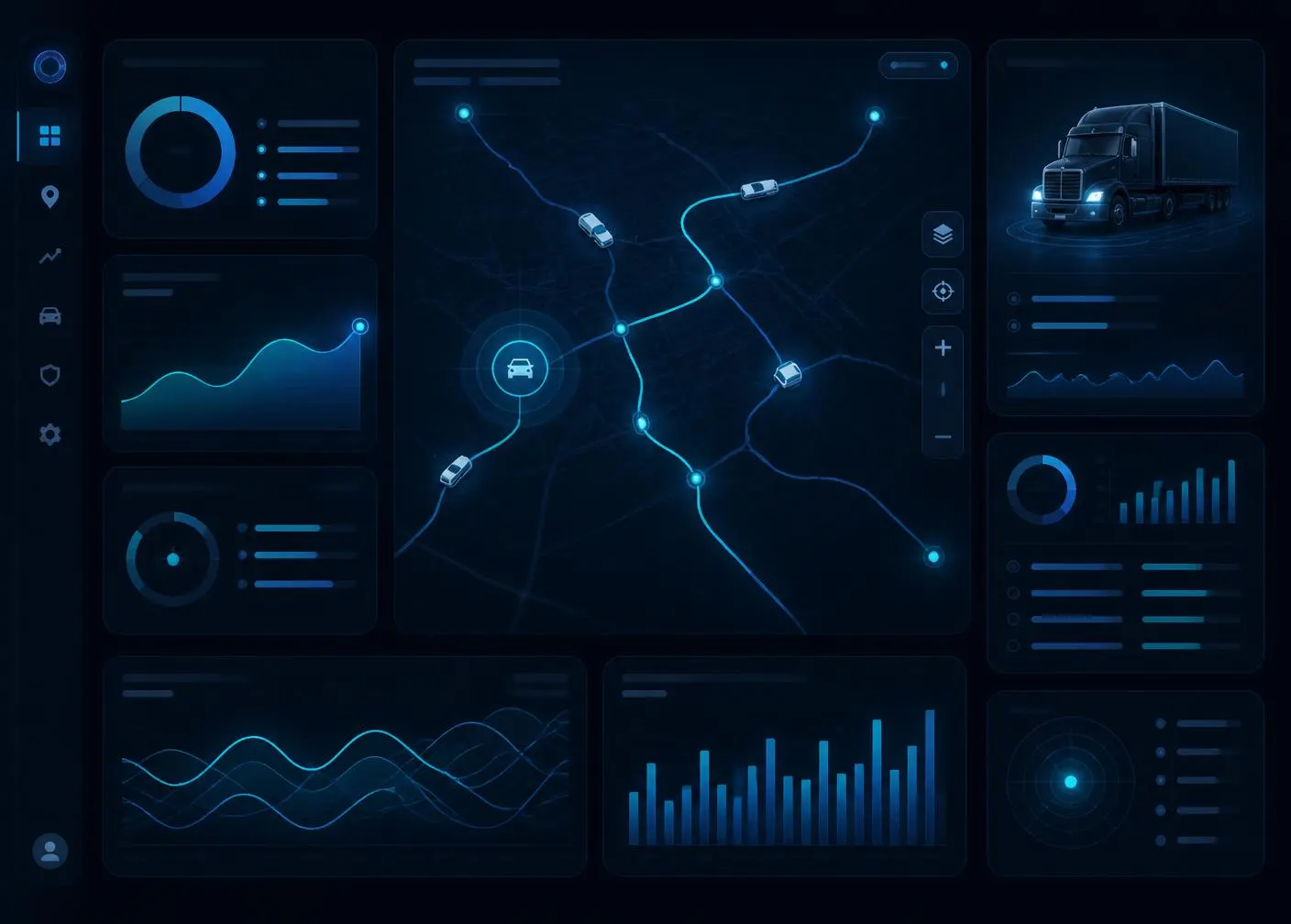 Tablero de monitoreo en tiempo real con mapa de vehículos, rutas y telemetría